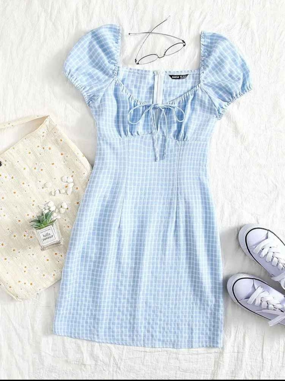 SHEIN Light Blue Gingham Square Neck Mini Dress